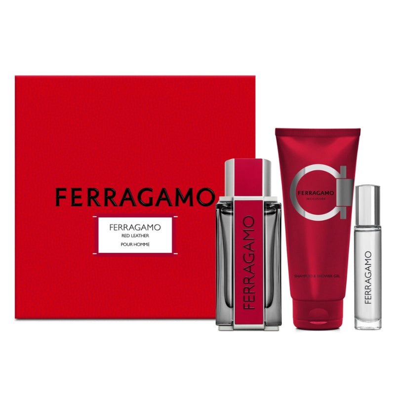 Salvatore Ferragamo Ferragamo Red Leather Pour Homme For Men Set EDP 100ml + EDP 10ml + Shampoo & Shower Gel 100ml