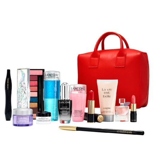 Lancome for Women Set 5 Pcs Cosmetics + 5 Pcs Face Care + L'EDP 4 Ml + Body Lotion 50 Ml + Vanity Bag